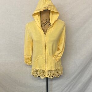 Yellow Hooded Cardigan with Lace Trim